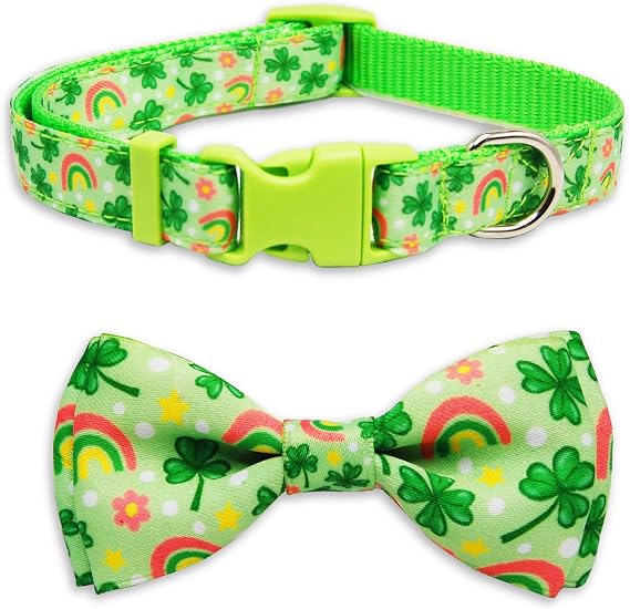 St. Patrick's Day Dog Collar with Bow Tie, Green Shamrock, Rainbow & Lucky Clover Pattern, Adjustable Puppy with Quick Release Buckle, Cute Irish for Small Medium Large Dogs & Cats