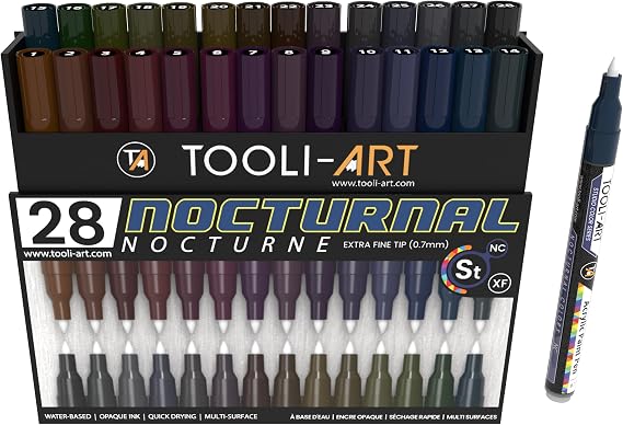 28 Dark Nocturnal Colors Acrylic Paint Pens Studio Color Series Markers Set 0.7mm Extra Fine Tip, Rock Painting, Glass, Mugs, Wood, Metal, Canvas, DIY, Detailing. Non Toxic, Waterbased, Quick Drying