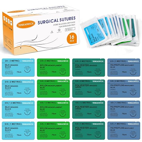 16 Packs Sutures Thread with Needle,Mixed Sutures, Training Threads (Non-Absorbable: Nylon, Polyester, Polypropylene,Silk,4 Material) for Practicing Suturing can be Used for Suture Pads, Fruit peels