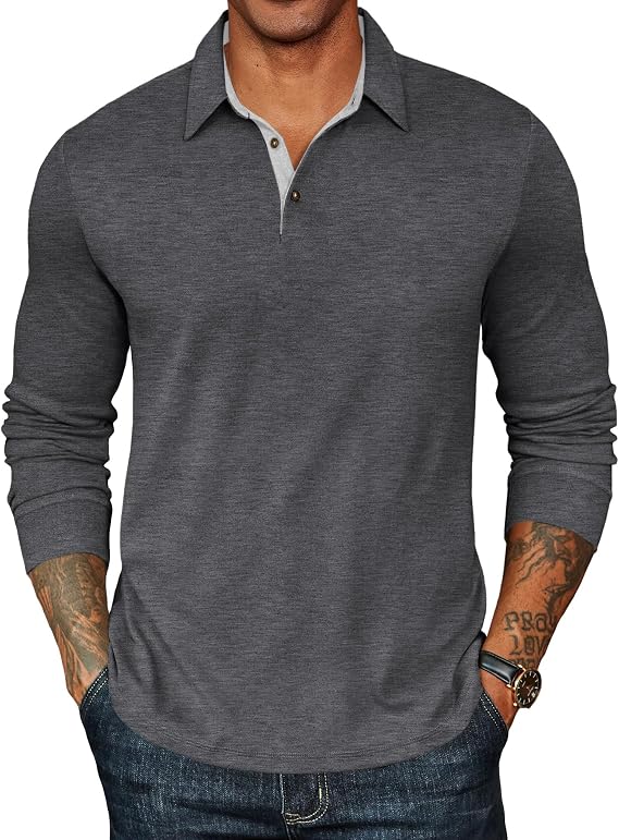 COOFANDY Mens Long Sleeve Polo Shirts Classic Casual Button Polo Tee