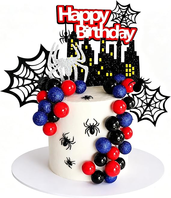 Spider Cake Topper, Spider Web Cake Decorations Spiders Theme Cake Decor Glitter Happy Birthday Toppers Red Black Blue Balls Cupcake Topper for Boys Men Baby Shower Party Supplies