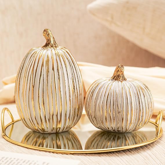 DN DECONATION White and Gold Fall Pumpkin Decoration for Table Centerpieces