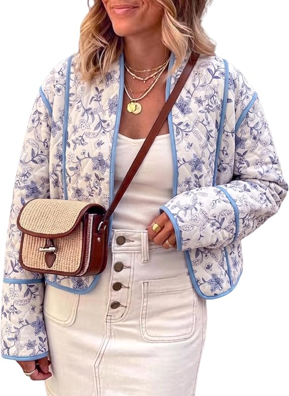 Omoone Womens Reversible Floral Quilted Jacket Crop Open Front Puffer Coat