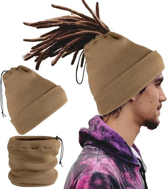 Ababalaya Unisex Satin Lined Knit Open Beanies Rasta Beanie | Dread protection Warm Adjustbale Elastic Drawstring Spring Autumn Winter Hats for Dreadlock Large Thick Ponytail Hair Wraps