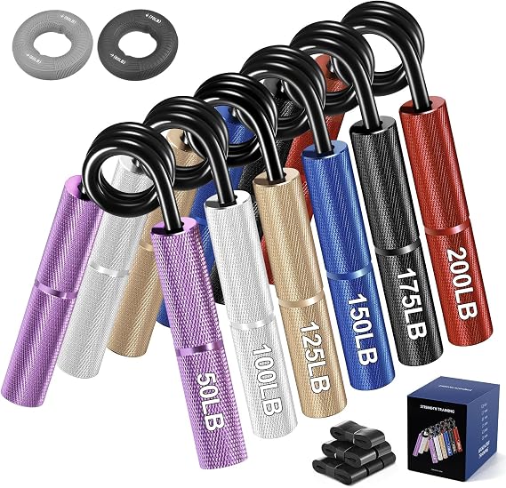 14 PCS Grip Strengthener Trainer Set, 50-350LBS Progressive Strengthener | 6 Pack Metal Hand Strengthener, with 6 Rolls of Grip Tape 2 Silicone Rings for Strength Training, Workout and Rehabilitation