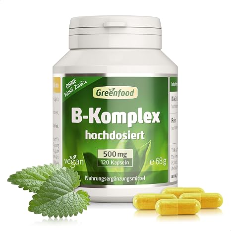 B Complex 500 mg High Dose 120 Capsules - No Artificial Additives Alle B-Vitamine B1 B2 B3 B5 B6 B7 B9 (Folat) B12 Hohe Bioverfügbarkeit Laborgeprüft Ohne Gentechnik Halal Vegan