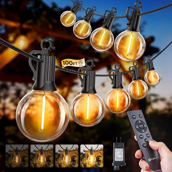 100FT 31 Bulbs Outdoor String Lights with Remote & Dimmable