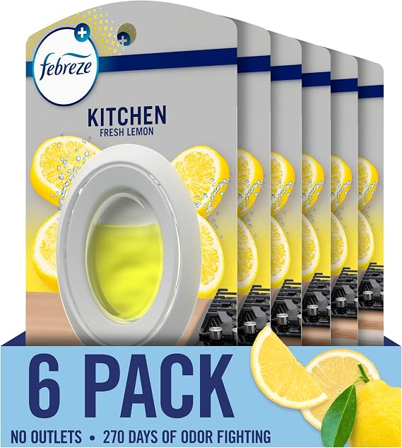 Febreze Kitchen Air Freshener, Odor-Fighting, Plug In Alternative, Air Fresheners for Home and Bathroom and Kitchen, Closet Air Fresheners, Fresh Lemon Scent, 6 Count