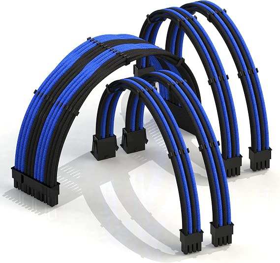 LINKUP - 50cm Super Soft and Flexible PSU Cable Extension Sleeved Custom Mod GPU PC Braided w/Comb Kit | 1 x 24 P (20+4) | 2 x 8 P (4+4) CPU | 2 x 8 P (6+2) GPU set | 500mm - BlackBlue
