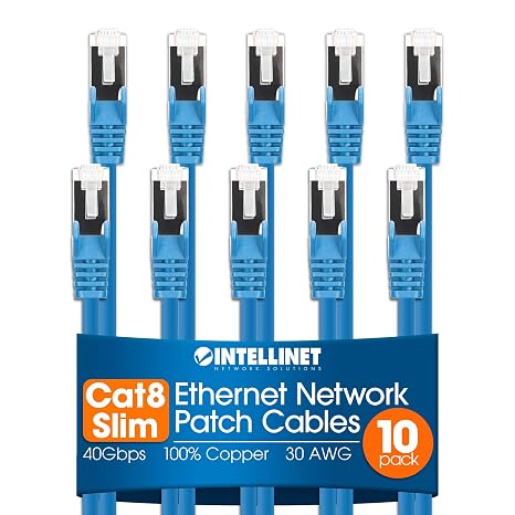 Intellinet Slim Cat8 Ethernet Network Patch Cable 10-Pack - 40Gbps & 2000MHz, Snagless Boot, 30AWG Pure Bare Copper Wire, Gold-Plated Contacts, 7ft, 10 Pack, Blue