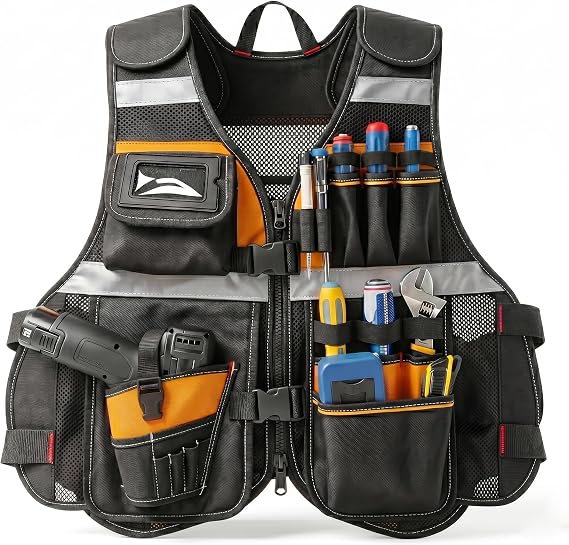 Electrician Tool Vest for Men, Tool Vest Electrician with Molded Drill Holster, 1680D Heavy Duty Adjustable Work Vest, Reflective Workwear with 16 Storage Spaces, Fits Chest 37"64", Orange