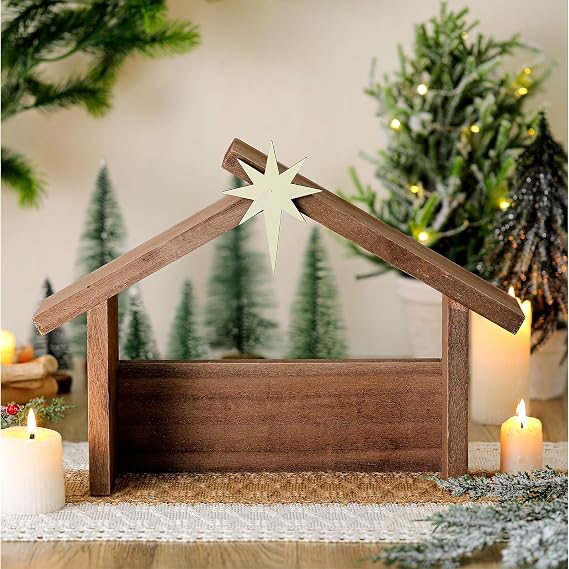 Wesiti Christmas Wooden Nativity Manger Wood Nativity Scene with Roof Star 14.5 x 10.5'' for Inside 7 Inch Scale Holy Family Wooden Stable Creche Home Desk Decor(Classic)