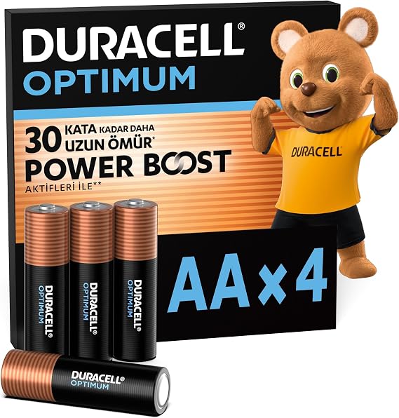 DURACELL OPTIMUM AA Alkalin Pil (4'lü Paket) – 1,5V | POWER BOOST AKTİFLERİ İLE 30 KATA KADAR DAHA UZUN ÖMÜR Modern Cihazların Taleplerini Karşılar- %100 Geri Dönüştürülebilir