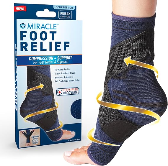 Miracle Foot Relief Ankle Wrap, One Size, Ankle Compression Sleeve with Adjustable Strap for Heel & Foot Discomfort, Ankle Support for Adult Men & Women