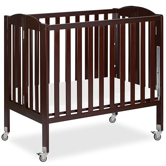 Dream On Me 3 in 1 Portable Folding Stationary Side Crib in Espresso, Greenguard Gold Certified, Safety Wheel with Locking Casters, Convertible, 3 Mattress Heights | Mattress Included, 3 Adjustable Height, Compact Flat Fold for Small Spaces, GREENGUARD Gold & BSA Verified, Espresso