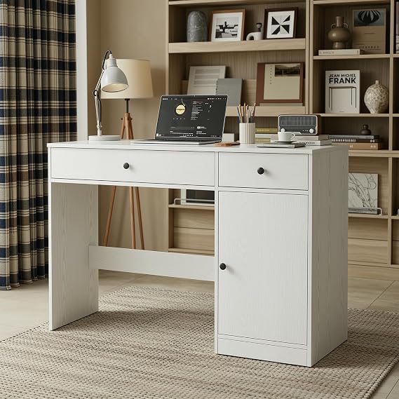 TUSY 47" White Office Desk with Drawers - Modern Office Desk with Storage, Executive Desk for Office, Modern Computer Desk for Small Spaces, Wood Writer Desk for Study, Bedroom, Home Office
