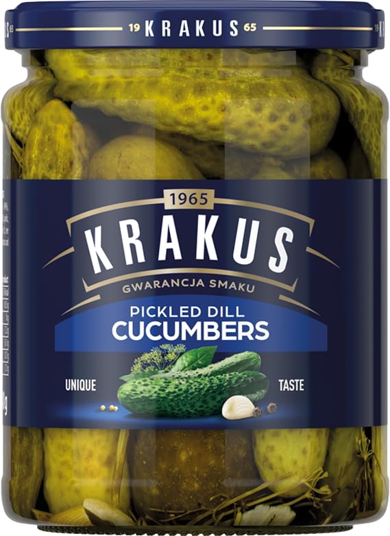 Krakus Pickled Dill Cucumbers - Sweet & Sour Taste - Crispy Gherkins - Delicious Condiment - Ready to Serve - 490g Glass Jar