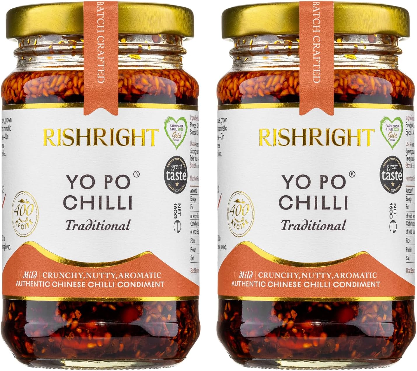 RishRight Yo Po Chilli Oil 160g x 2 | Great Taste Award | 400-Year-Old Recipe | Crispy Chilli Oil | Nutty | 100% Natural | Vegan | Single Origin Qin Chili | Noodles, Ramen, Stir-Fries, Eggs