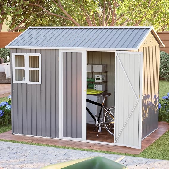 Large Galvanized Steel Storage Shed with Window Lockable Double Doors & Sloped Roof, Heavy Duty Ventilated Outdoor Metal Shed for Garden, Tools, Backyard, Patio, Lawn, Dark Gray (997179 cm)