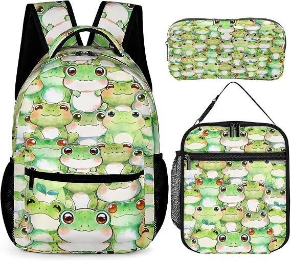 Cute Frog School Backpack with Lunch Box & Pencil Case | 3Pcs Frog Themed Bookbag, Lightweight, 16 Large Capacity, Colorful Backpacks with Zipper Pockets Adjustable Straps