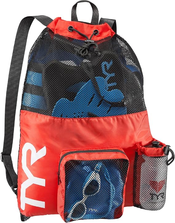 TYR Big Mesh Mummy Backpack - Ventilated Swim Gym and Workout Gear Bag, Red