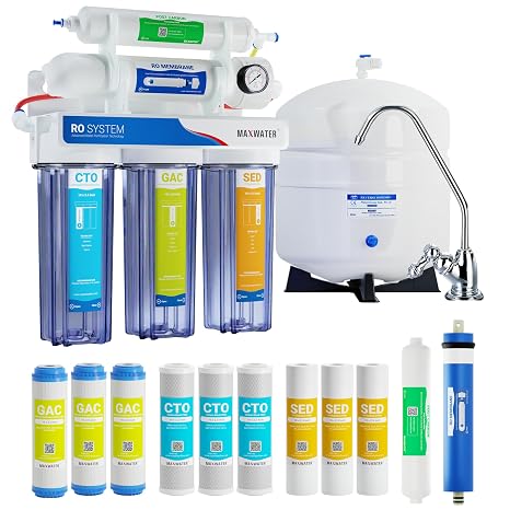 Max Water 5 Stage 100 GPD Reverse Osmosis Water Filtration System + Faucet-B + NSF Certified Tank + 7 Extra Replacement Filter Cartridges - Wall Mount/Under Sink RO System - Model: RO-5C6