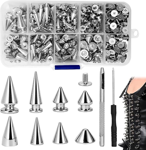 359PCS Spike Studs and Leather Rivets DIY Kit for Clothing and Bags | Metal shapes for customising jackets, shoes, belts, handbags and craft projects with punk-inspired decorative details