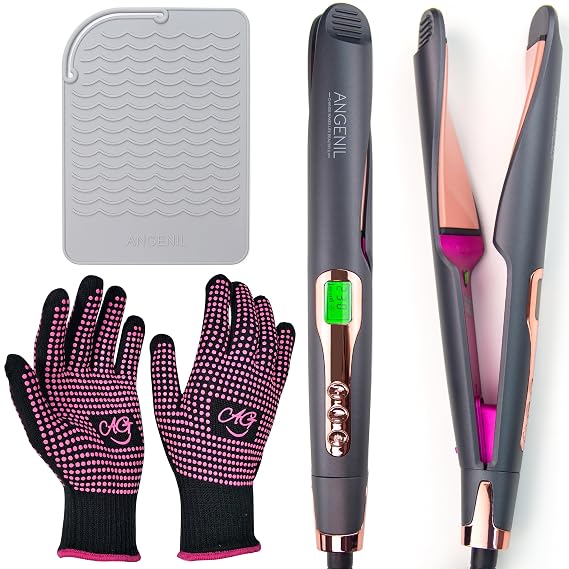 ANGENIL 2 Pcs Heat Resistant Gloves with Silicone Bumps, Twist Flat Iron Hair Straightener and Curler 2-in-1, Multi-Stylers Round Flat Iron Hair Curling Iron, Fast Heating LCD Display