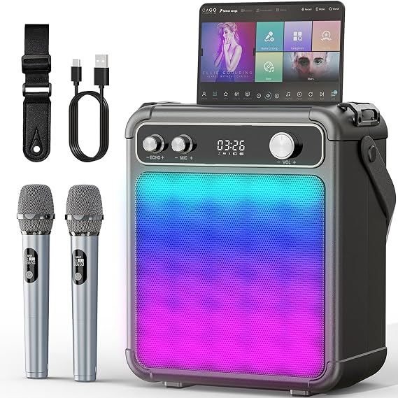 Karaoke Machine with 2 Wireless Microphones for Adults,Portable Bluetooth Karaoke Speaker with LED Lights/ECHO,Supports TF,USB,AUX,TWS for party,Outdoor