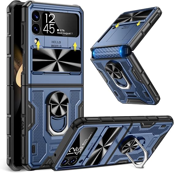 Caka for Samsung Galaxy Z Flip 4 Case with Stand & Screen Protector Blue | Hinge Protection, 360 Rotated Kickstand, HD Tempered Glass Film, Heavy Duty Hard Shockproof Protective Rugged Phone Cover