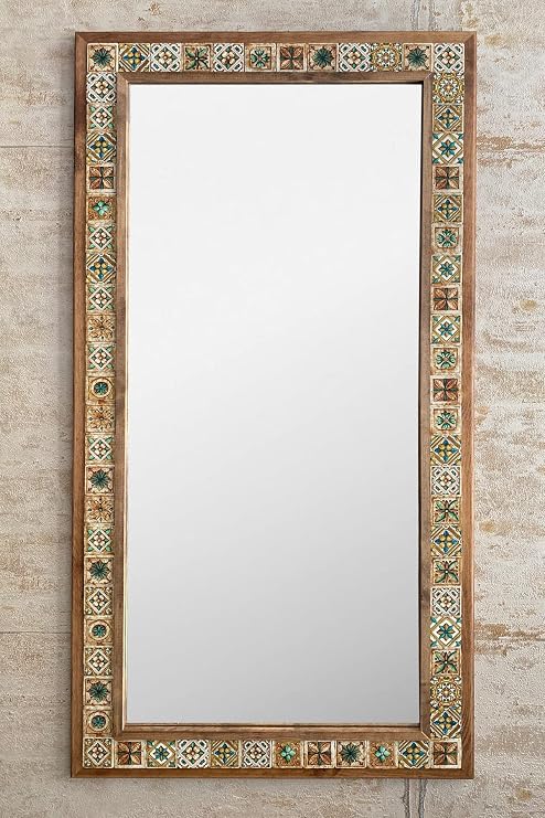 Oscar Stone Decor Ahşap Çerçeveli Mozaik Taş (Mermer) Ayna 63x123 CM Seramik Desenli Kahverengi