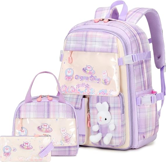 FIXITOK Girls Backpack Set, 3PCS Kids Backpack for Girls, Kawaii Bunny School Backpacks for Girl Kindergarten Elementary Preschool Middle School Bags with Lunch Box Pencil Case Purple-Plaid