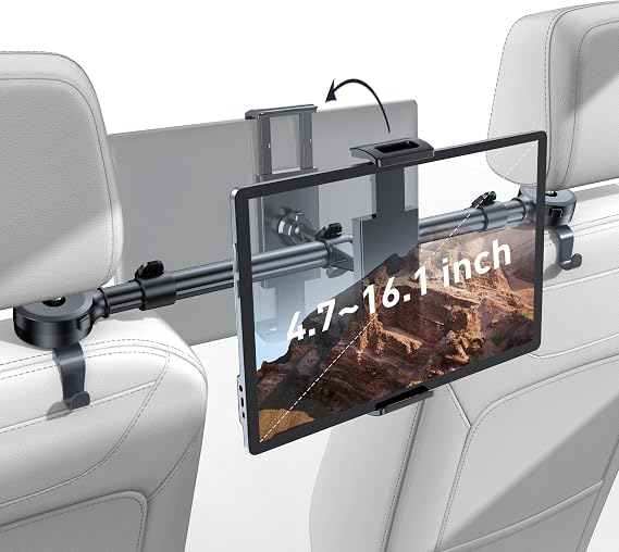 Tryone Car Headrest Tablet Holder for iPad: [Front & Rear Flip Mount] Adjustable Back Seat Tablet TV Portable Screen Holder, Car Road Trip Essentials for Kids Compatible with 4.7-16.1" Devices