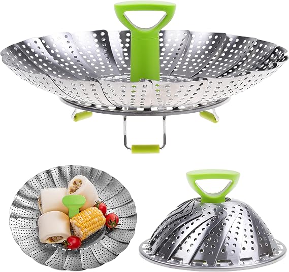 Kare & Kind 1x Adjustable Steamer Basket - Extendable Stainless Steel Steamer with Center Handle - 5.1" to 9" - Foldable Feet - Can Fit Different Sizes of Pots, Pans and Pressure Cookers