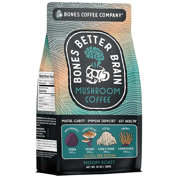 Bones Coffee Company Better Brain Mushroom Coffee - Medium Roast Low Acid Arabica Beans - Ground Coffee - Reishi, Chaga, Lion's Mane, Cordyceps Mushroom Blend - 10 Oz