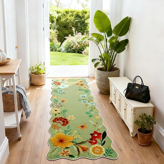 Asrug Green Floral 2x6 Scalloped Area Rug, Non Slip Washable Low-Pile