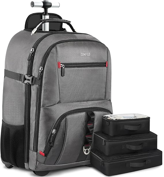 ZOMFELT Rolling Backpack, Travel Backpack with Wheels, Carry on Backpack with 3 Packing Cubes, 17.3 Inch Wheeled Laptop Backpack for Men Women Adults to Travel Work Business Grey