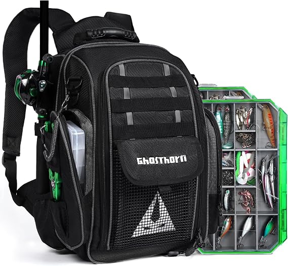 Ghosthorn 43L Fishing Tackle Backpack with 4 Tackle Boxes & Rod Holder