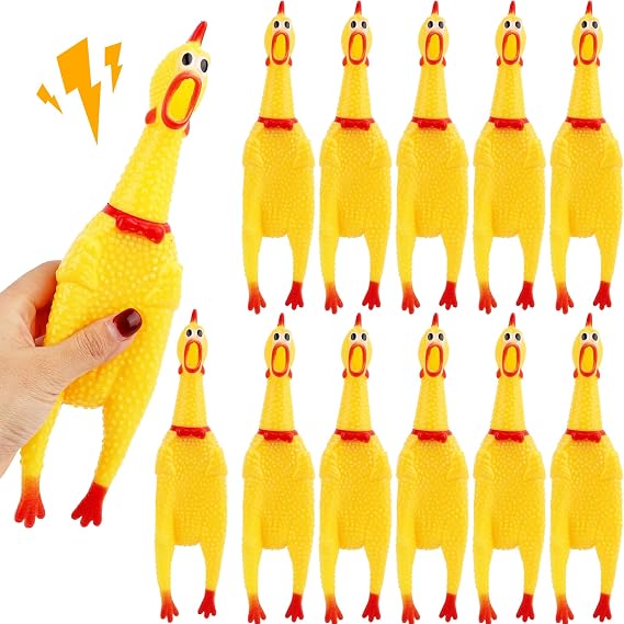 12 Pack Squeeze Screaming Rubber Chicken 11 Inch Yellow Squawking Chicken Rubber Squeaky Chicken Toy for Kids Adults Dogs Pets Prank Novelty Toy Reduce Separation Stress Anxiety