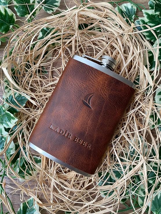 Name-Specific Hand Stitch Leather Coated Steel Whiskey Brandy Drink Mat Set (DARK PLATE, SINGLE FLASK)