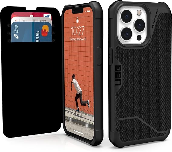 URBAN ARMOR GEAR UAG Designed for iPhone 13 Pro Case Kevlar Black Flip Folio Cover with Card Slots and Viewing Stand Feather-Light Rugged Metropolis Protective Cover, [6.1 inch Screen]