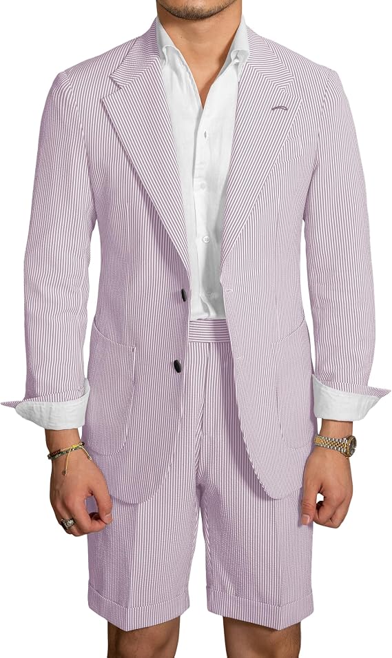 Wangyue Seersucker Shorts Suits Mens 2 Piece Summer Seersucker Jacket Slim Fit Black Two Button Casual Set Wedding 2026