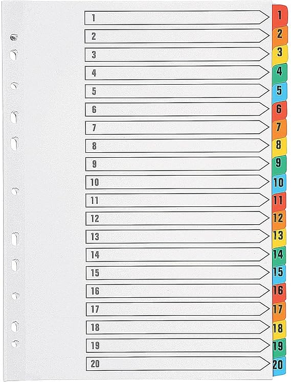 Q-Connect Index A4 Multi-Punched 1-20 Reinforced Multi-Colour Numbered Tabs KF01521