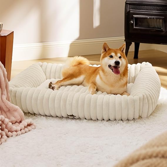 Bedsure ComfyFleeceTM Cute Dog Beds Large Sized Dog Washable,36in Cream | Furry Big Square Pet Beds, Washable Aesthetic,Orthopedic Corduroy Fleece,Removable Zipper Cover,Non-Slip Bottom,Up to 60 Lbs