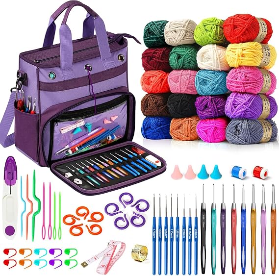 74 pcs Crochet Kit, with Large Storage Bag, Crochet Kits for Beginners | Crochet Set, with 20 Colors Crochet Yarn, 16 Pcs Crochet Hooks and Other Crochet Accessories for Adults, Elderly, Dark Purple