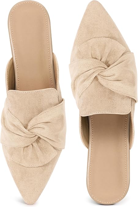 Aomigoct Dress Flat Womens Mules: Elegant Pointed Toe & Bow Suede for Office & Meetings - Lightweight Slip-On for Confidence in All-Day Wear - Ages 28-50
