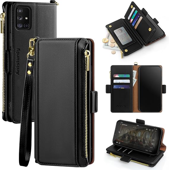 Antsturdy Compatible with Samsung Galaxy A71 5G Case Wallet with Card Holder Women Men,PU Leather Phone Case RFID Blocking Flip Folio Protective Cover Wrist Strap Zipper Credit Card Slots,Black