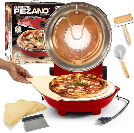 PIEZANO Pizza Oven EXCLUSIVE Bundle with Pizza Cutter + Dough Roller by Granitestone, Electric Indoor Portable, 12 Inch Indoor Pizza Oven Countertop Heats up to 800 F As Seen on TV Products