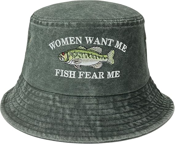 Women Want Me Fish Fear Me Embroidered Bucket Hat for Men Boy