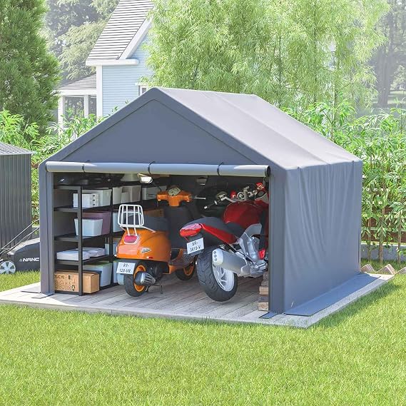 BIRCHTREE Outdoor Garden Storage Tent Bike Motorcycle Carport Shed Shelter Steel Frame Zipper Door Waterproof Cover Dark Grey 10x10FT